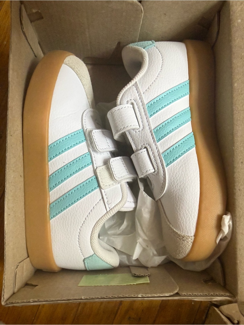 adidas Kids White Sneakers with Teal Stripes and Gum Sole